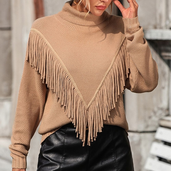 Esme Fringe Turtleneck Sweater - Tan - Picture 6 of 7